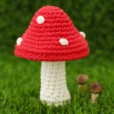 Babyrassel Fliegenpilz im Gras neben echten Pilzen