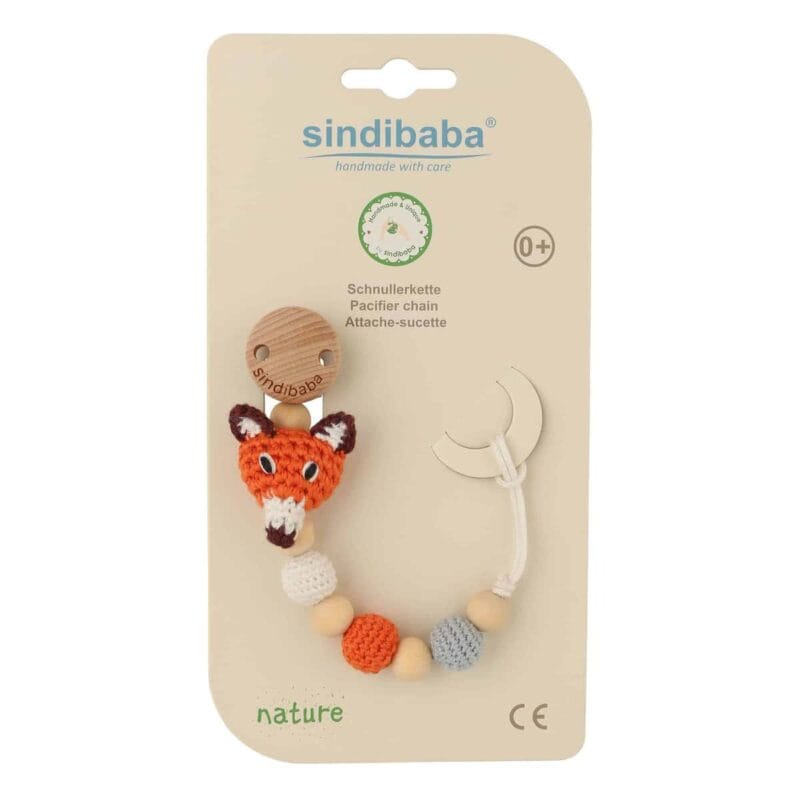12495-Schnullerkette-Fuchs-FRED-in-Orange-mit-Verpackung-compressed Gehäkelte Schnullerkette mit Namen Fuchs FRED - personalisiert