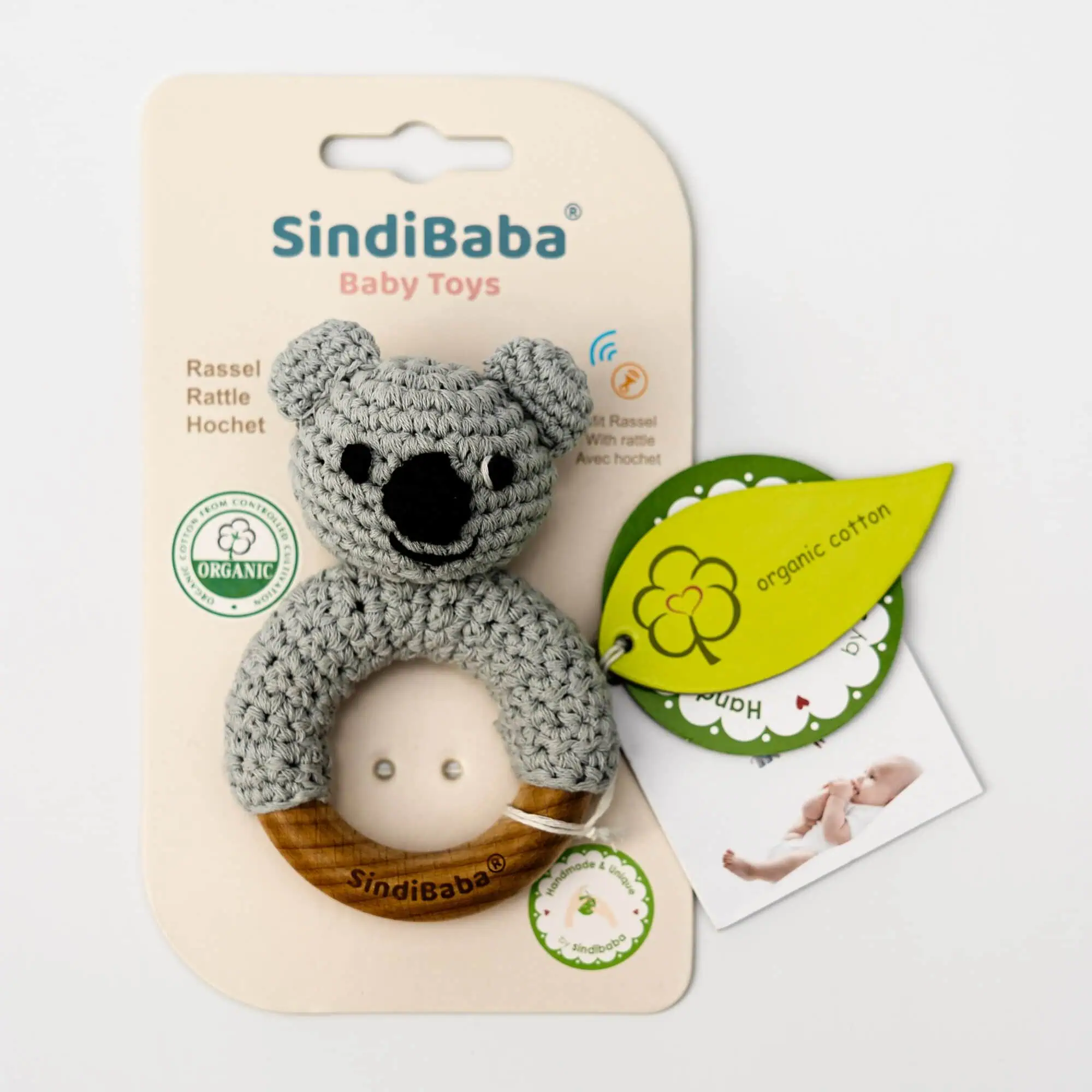 Ringrassel Koala auf dem Kartonträger fixiert, Vorderansicht im Verkaufszustand