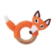 Ringrassel Fuchs FRED mit gehäkeltem Garn und unbehandeltem Buchenholzring, Vorderansicht als Freisteller ANSICHT 2