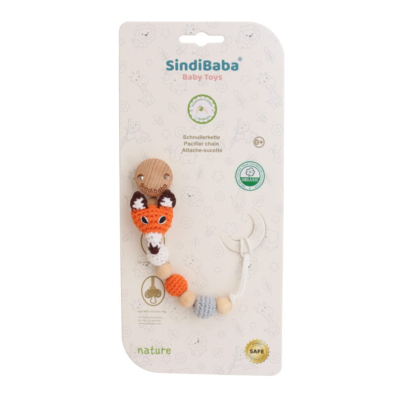 12604-5 Gehäkelter Schnullerkette Fuchs FRED Schnullerkette Fuchs FRED aus Bio-Baumwolle und Buchenholz-Clip, Verpackung