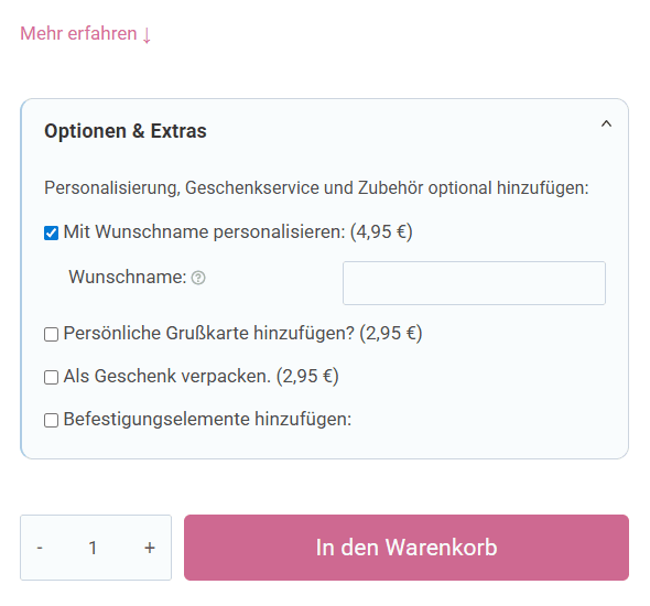 Geöffnete SindiBaba Optionen-Box mit aktivierter Namenspersonalisierung und Eingabefeld für den Wunschnamen